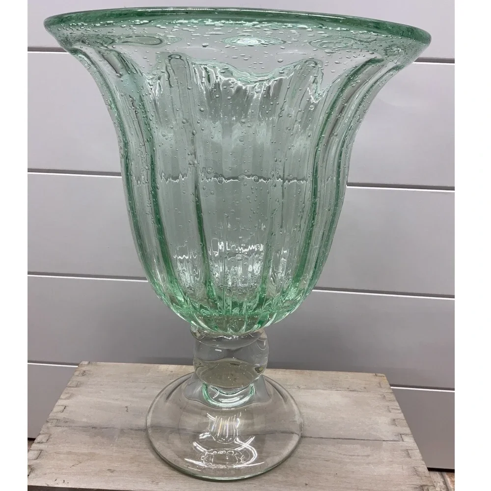 Green Seeded Glass Optic Ribbed Footed Hurricane Vase 11.5 Inch Centerpiece
